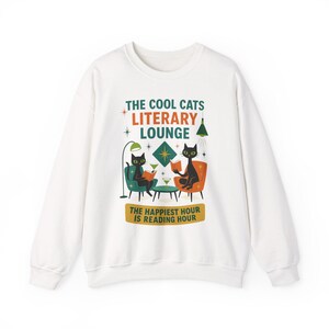 Cool Cats Literary Lounge Sweatshirt | Book Lover Cat Owner Apparel, bookish clothing, reading sweatshirt, mid century modern, atomic cat image 2