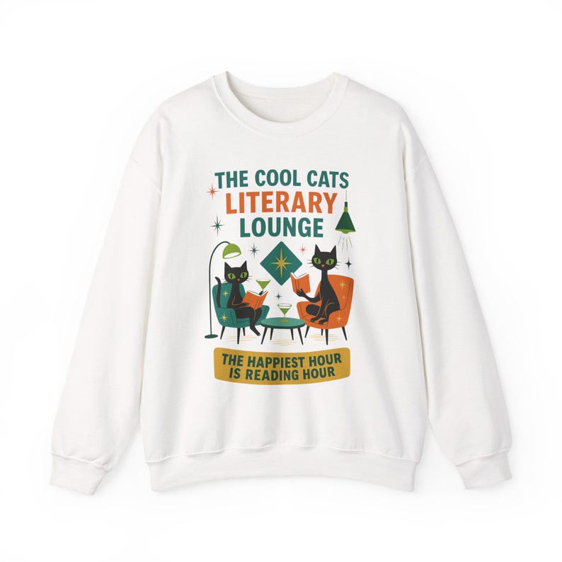 Cool Cats Literary Lounge Sweatshirt | Book Lover Cat Owner Apparel, bookish clothing, reading sweatshirt, mid century modern, atomic cat image 2