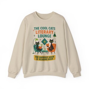 Cool Cats Literary Lounge Sweatshirt | Book Lover Cat Owner Apparel, bookish clothing, reading sweatshirt, mid century modern, atomic cat image 4
