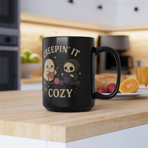 Spooky Crochet Mug - Creepin' It Cozy, Spooky Coffee Cup, Funny crochet mug, Ghost and Grim Reaper Crochet design image 6