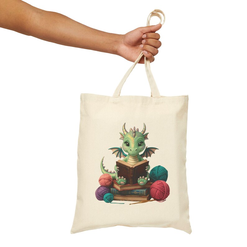 Dragon Crocheting and Reading tote bag, Books and Hooks, crochet and books bag, gift for romantasy reader and crocheters, fantasy reader image 3