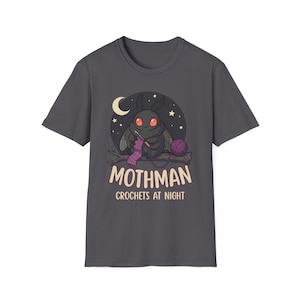 Mothman Crochets at Night Crochet Mothman T-Shirt | Cryptid Goth Crochet, crocheting tshirt, crytpid lover, crocheter gift image 4