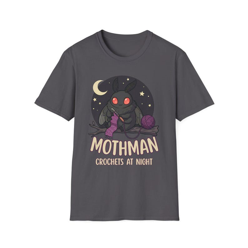Mothman Crochets at Night Crochet Mothman T-Shirt | Cryptid Goth Crochet, crocheting tshirt, crytpid lover, crocheter gift image 4