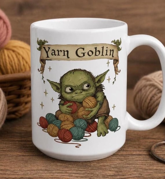 Yarn Goblin mug | 15 oz Ceramic Mug with Cute Knitting Crochet Goblin and Yarn, Crochet lover mug, knitting coffee cup, yarn hoarder