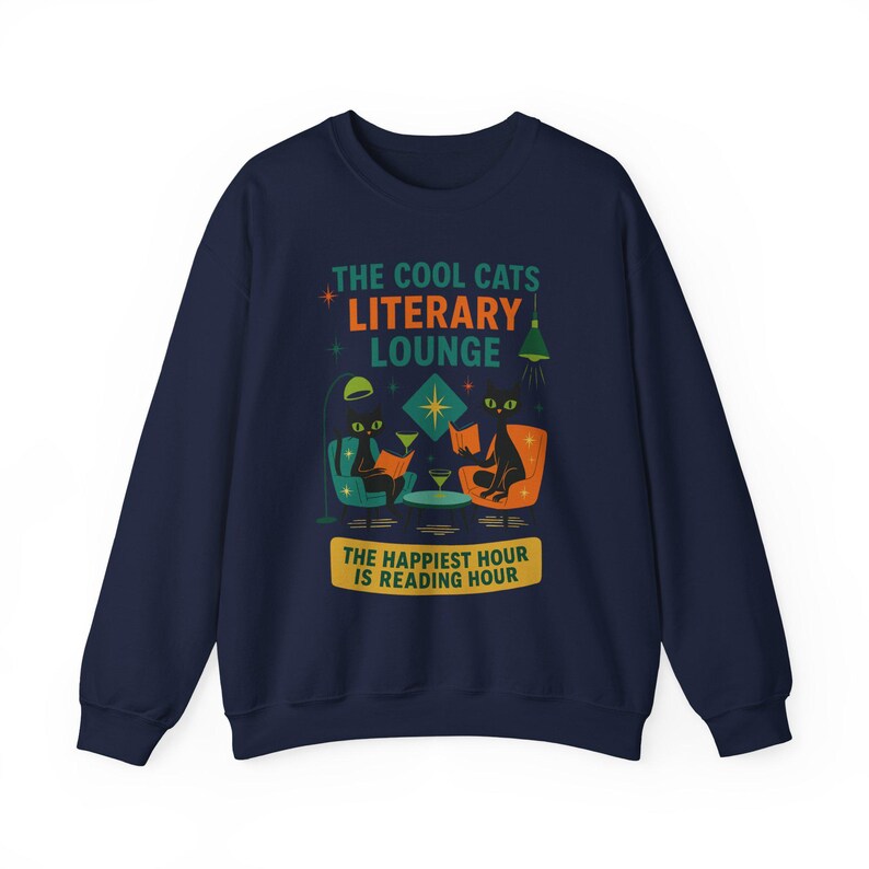 Cool Cats Literary Lounge Sweatshirt | Book Lover Cat Owner Apparel, bookish clothing, reading sweatshirt, mid century modern, atomic cat image 10