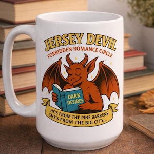 Jersey Devil Book Club 15oz mug, Forbidden Desires Romance, Funny cryptid reading mug, gift for bookworms, cryptid lovers and romance fans
