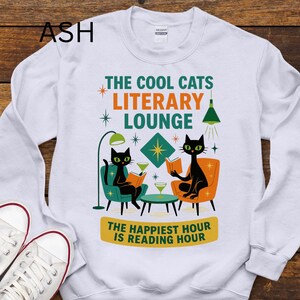Cool Cats Literary Lounge Sweatshirt | Book Lover Cat Owner Apparel, bookish clothing, reading sweatshirt, mid century modern, atomic cat image 12