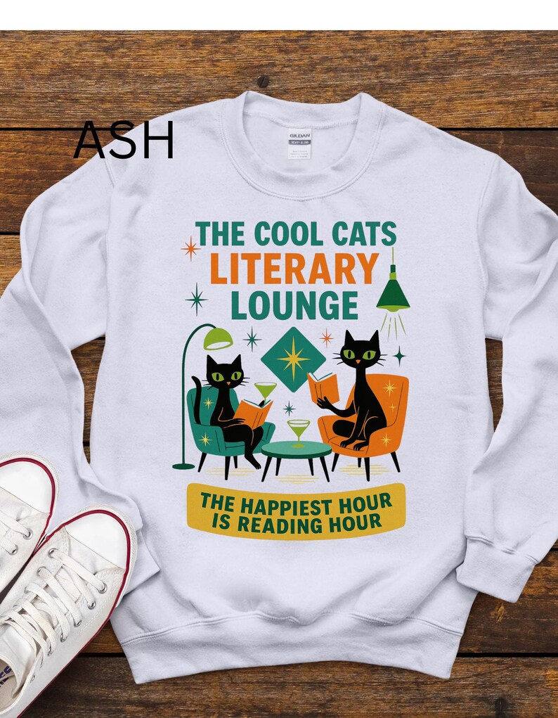 Cool Cats Literary Lounge Sweatshirt | Book Lover Cat Owner Apparel, bookish clothing, reading sweatshirt, mid century modern, atomic cat image 12