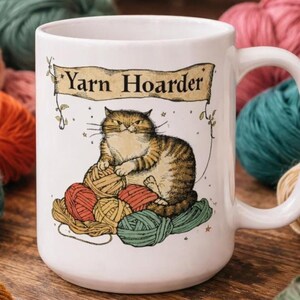 Medieval Cat Yarn Hoarder 15oz Mug, Yarn lover mug, gift for crocheter, knitting gift, fiber artist mug, funny crochet gift, derpy cat mug