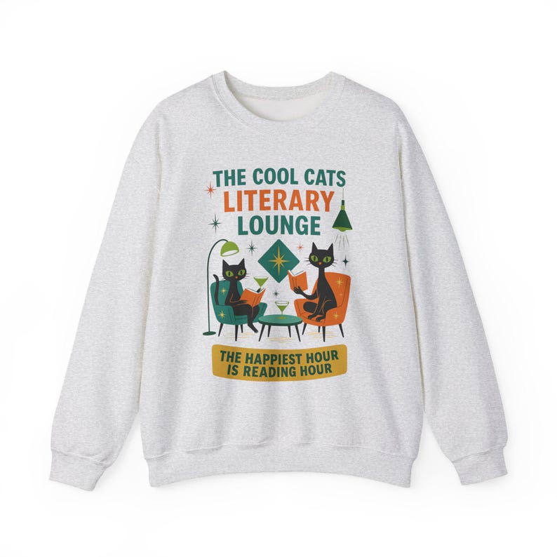 Cool Cats Literary Lounge Sweatshirt | Book Lover Cat Owner Apparel, bookish clothing, reading sweatshirt, mid century modern, atomic cat image 3