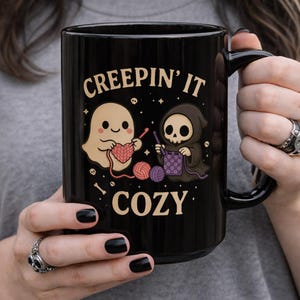 Spooky Crochet Mug - Creepin' It Cozy, Spooky Coffee Cup, Funny crochet mug, Ghost and Grim Reaper Crochet design image 1