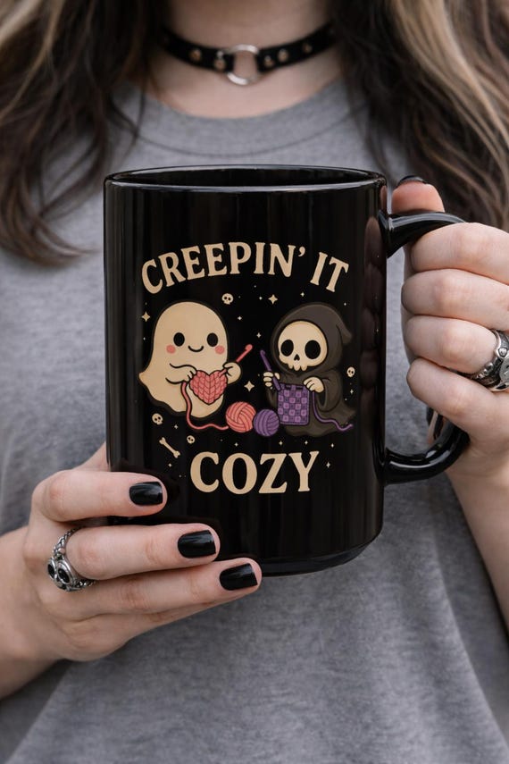 Spooky Crochet Mug - Creepin' It Cozy, Spooky Coffee Cup, Funny crochet mug, Ghost and Grim Reaper Crochet design