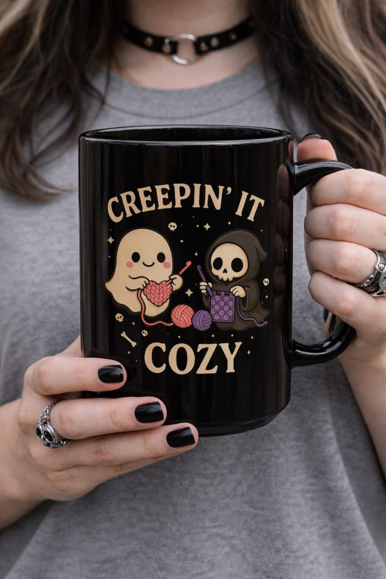 Spooky Crochet Mug - Creepin' It Cozy, Spooky Coffee Cup, Funny crochet mug, Ghost and Grim Reaper Crochet design image 1
