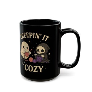 Spooky Crochet Mug - Creepin' It Cozy, Spooky Coffee Cup, Funny crochet mug, Ghost and Grim Reaper Crochet design image 3