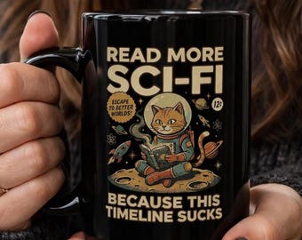 Read More Sci Fi Cat Illustration Mug |Science Fiction Lover Mug, 15oz mug, Reading mug, gift for booklover, geeky gift, bookish mug