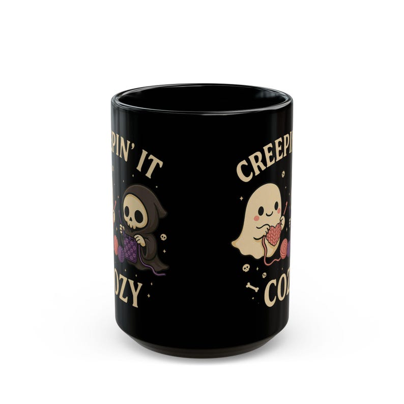 Spooky Crochet Mug - Creepin' It Cozy, Spooky Coffee Cup, Funny crochet mug, Ghost and Grim Reaper Crochet design image 4