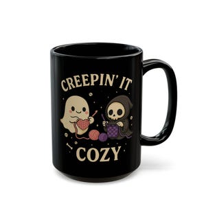 Spooky Crochet Mug - Creepin' It Cozy, Spooky Coffee Cup, Funny crochet mug, Ghost and Grim Reaper Crochet design image 2