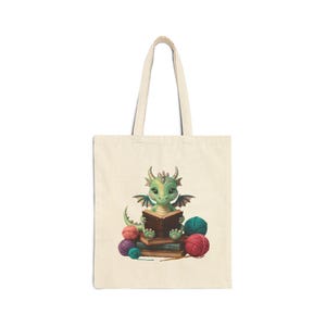 Dragon Crocheting and Reading tote bag, Books and Hooks, crochet and books bag, gift for romantasy reader and crocheters, fantasy reader image 2