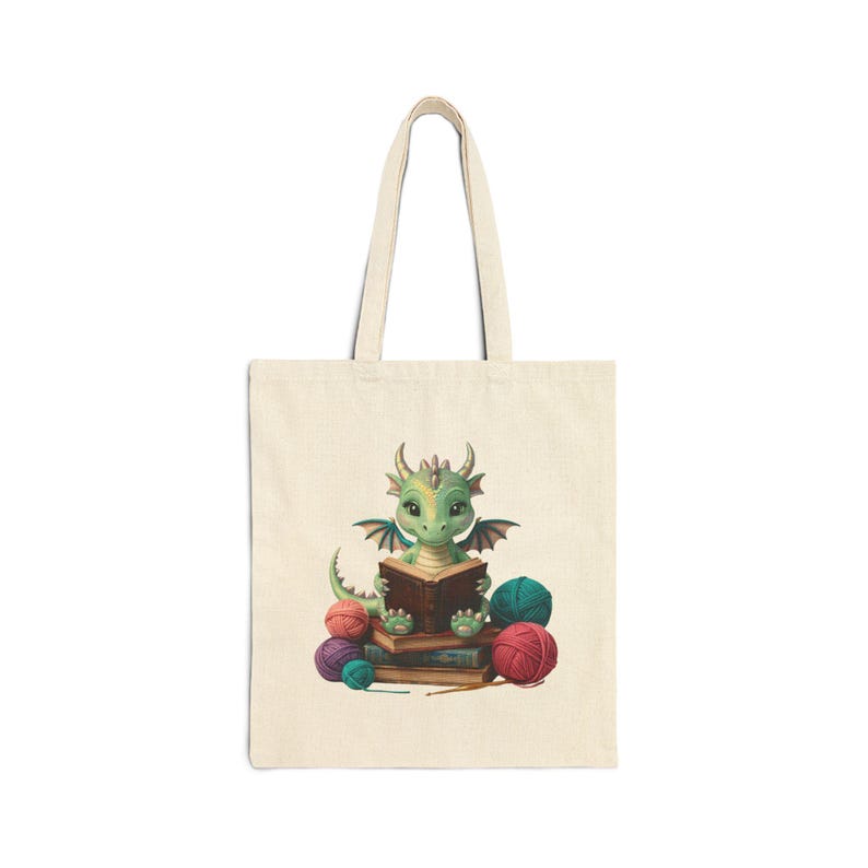 Dragon Crocheting and Reading tote bag, Books and Hooks, crochet and books bag, gift for romantasy reader and crocheters, fantasy reader image 2