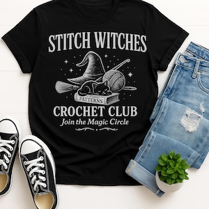 Stitch Witches Crochet Club T-Shirt: Halloween Style Tee for Crochet Lovers