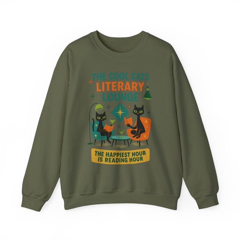 Cool Cats Literary Lounge Sweatshirt | Book Lover Cat Owner Apparel, bookish clothing, reading sweatshirt, mid century modern, atomic cat image 7