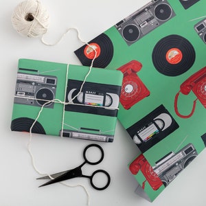 Retro wrapping paper birthday wrapping paper gift wrap retro music 80's birthday retro party boombox record vinyl image 1