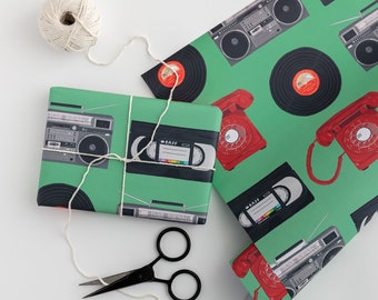 Retro wrapping paper - birthday wrapping paper - gift wrap - retro - music - 80's birthday - retro party - boombox - record - vinyl
