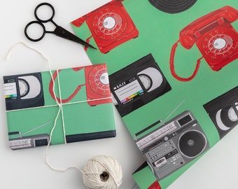 Retro wrapping paper - birthday wrapping paper - gift wrap - retro - music - 80's birthday - retro party - boombox - record - vinyl