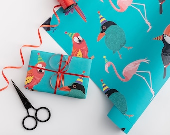 Tropisch vogelinpakpapier - verjaardagspakpapier - giftpakking - papegaai - flamingo - jonge geitjesverjaardag - retro strandpartij - kitsch - toekan