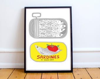 A4 illustration print - handrawn - housewarming gift - kitchen wall art - wall art - home decor - sardines - illustrated - framed print