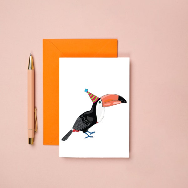 Toucan Birthday Card - hand drawn card - tropical bird - illustration - toucan - bird in a hat - birthday party - animal art - celebration