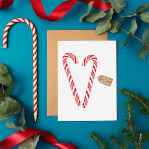 Tarjeta navideña con bastones de caramelo / Tarjeta festiva para las fiestas / Tarjeta navideña dulce / Tarjeta navideña de temporada / Con amor en Navidad