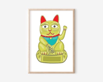 A4 illustrated print - Chinese cat - lucky cat - lucky print - housewarming print - hand drawn print - living room wall art - framed print