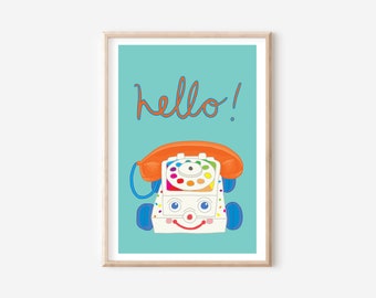 HELLO! Toy Phone Print | 80's Retro Kids Toy | Toy Phone Wall Art | Vintage Toy Phone Illustration