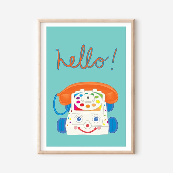 HELLO! Toy Phone Print | 80's Retro Kids Toy | Toy Phone Wall Art | Vintage Toy Phone Illustration