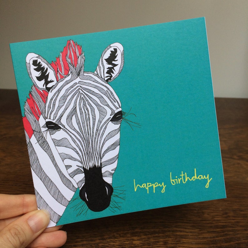 HAPPY BIRTHDAY hand drawn card illustrated card birthday card blank cards illustration funny cards zebra animal card safari image 3