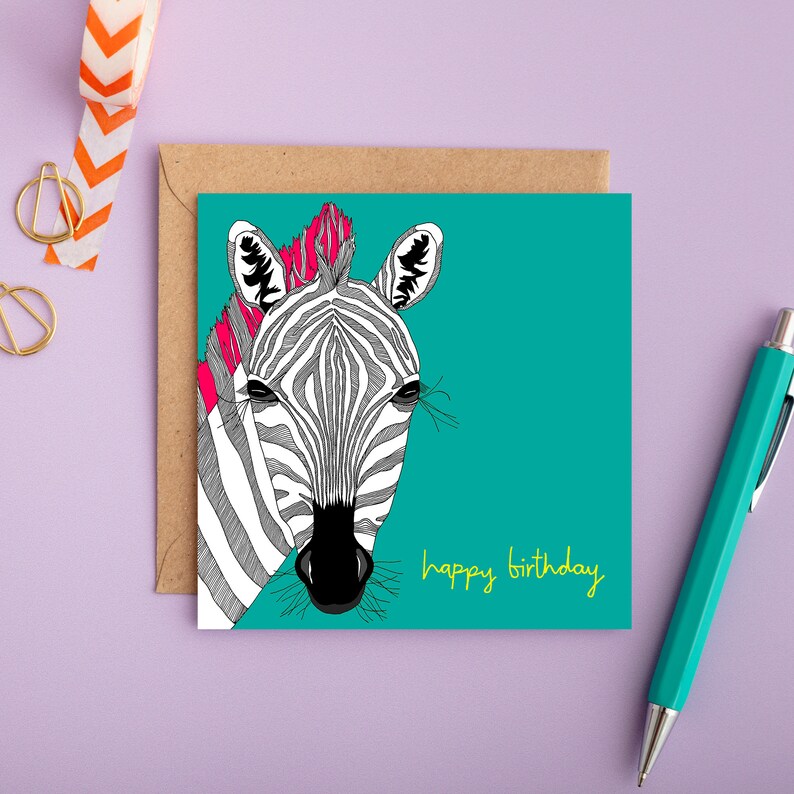 HAPPY BIRTHDAY hand drawn card illustrated card birthday card blank cards illustration funny cards zebra animal card safari image 1