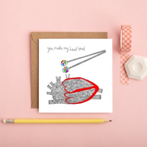 Je laat mijn HART KLOPPEN. Geïllustreerde kaarten // valentijnskaart // grappige valentijnskaart // illustratie // anatomisch hart // hart