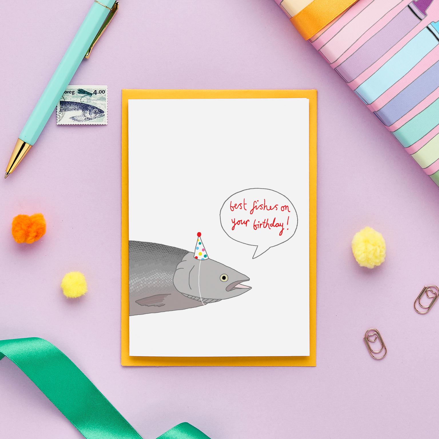 BIRTHDAY CARD - illustrated hand drawn card - fish - best fishes - funny card - greeting card - illustration - funny birthday cards - party