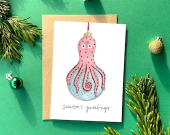 Christmas card, octopus, seasons greetings, kitsch, retro Christmas decoration, hand drawn card, illustration, festive card, xmas card