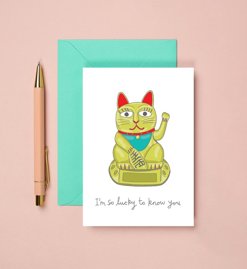 Lucky Cat Card So Lucky To Know You Thank You Card Thinking Of You Card Best Friend Card Friendship Card image 1