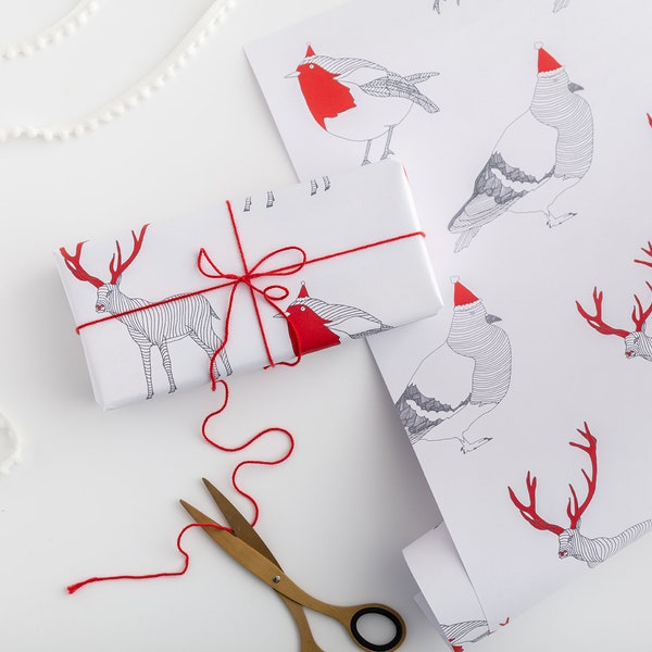 Reindeer Christmas wrapping paper - Pigeon - Robin xmas wrapping paper - gift wrap, classic Christmas, Santa hat, Christmas pigeon