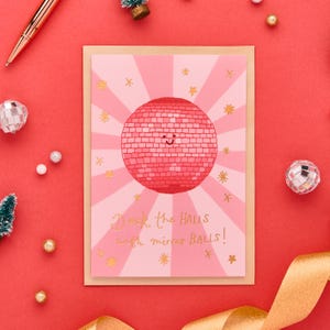 Deck the Halls With Mirror Balls Christmas Card | Funny Christmas Greeting | Disco Fever Holiday Card | Luxury Gold Foil Christmas Card