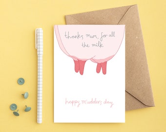 MOTHERS DAY card - hand drawn card - illustrated card - funny mothers day card - illustration - rude mothers day - milk jug - udders - pun