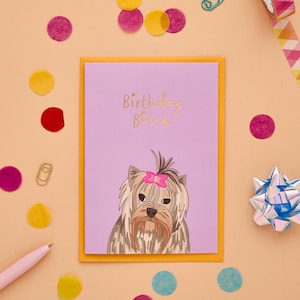 May include: A purple birthday card with a gold glitter design that says "Birthday Bitch" and features a cartoon Yorkshire Terrier with a pink bow.