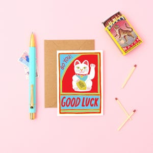 Mini carte porte-bonheur | Carte de voeux de chat porte-bonheur | Carte Maneki Neko | Carte d'énergie positive | Allez-y ! carte chinoise de chat porte-bonheur | Mini-carte A7