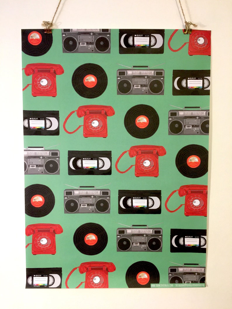 Retro wrapping paper birthday wrapping paper gift wrap retro music 80's birthday retro party boombox record vinyl image 7