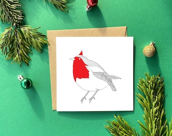 christmas card - hand drawn card - illustration - festive card - robin red breast - bird - winter - christmas santa hat - illustrated card