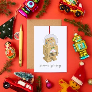 Rétro carte de Noël de robot | de voeux drôle de vacances kitsch de Zazzle.be Liste d'envies Vous avez des idées ? carte festive respectueuse de l'environnement | Boule à neige robotisée