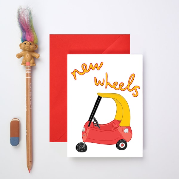 New Wheels! Vintage Kids Car Greeting Card | Driving Test Greeting Card | Just Passed Card